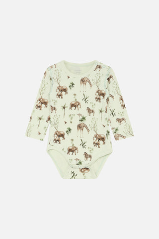 Bambus Langarm Body Hellgrün mit Zootierprint von Hust and Claire