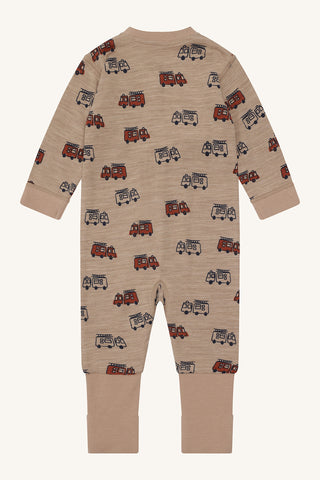 Merinowolle-Bambus Pyjama Manu Firetruck Zip Biscuit Braun von Hust & Claire