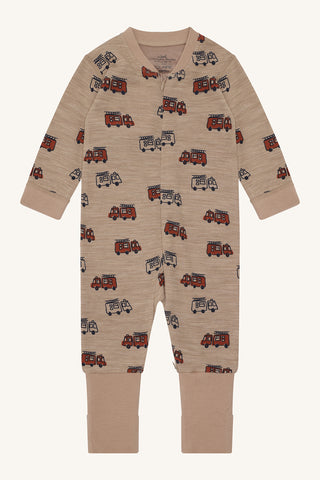 Merinowolle-Bambus Pyjama Manu Firetruck Zip Biscuit Braun von Hust & Claire