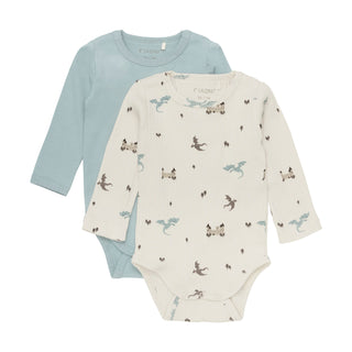 2er Set Baumwoll-Body Langarm Hellblau und Beige mit Drachenprint von Fixoni