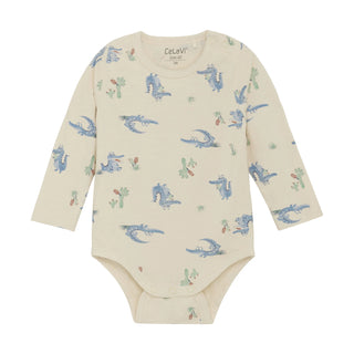 Bambus Langarm Body Beige mit blauem Krokodilprint von CeLaVi