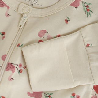 Bambus Langarm Strampler Beige mit pinkem Vogelprint von CeLaVi
