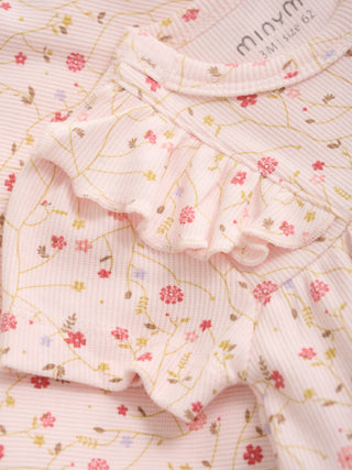 Bambus-Baumwolle Kurzarm Rib-Kleid Rosa mit Blumenzweigen Print von Minymo
