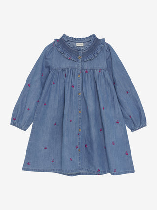 Langarm Denim-Kleid Blau mit Kirschenstickerei von Minymo