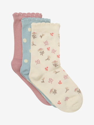 Baumwolle Socken 3er Pack Rosa-Blau und Beige mit Blumenmuster von Minymo