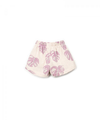 Baumwoll-Shorts Beige mit violettem Monsteraprint von Play Up