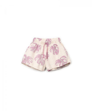 Baumwoll-Shorts Beige mit violettem Monsteraprint von Play Up