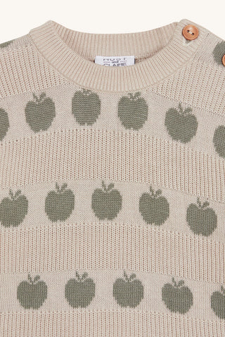 Bambus Feinstrick-Pullover Beige mit grünem Apfelprint von Hust and Claire