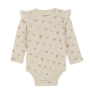 Merinowolle Body Beige mit rotem Blumenprint von CeLaVi