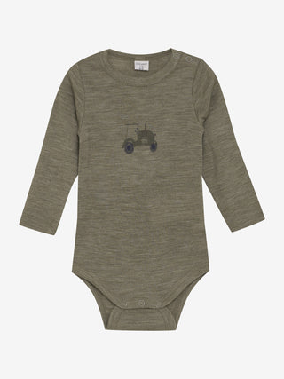 Merinowolle Langarm Body Dusky Green mit Traktorprint von CeLaVi