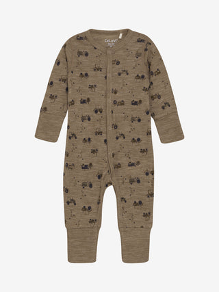 Merinowolle Pyjama Braun mit Traktorprint von CeLaVi