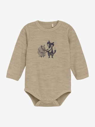 Merinowolle-Bambus Langarm Body Savannah Tan mit Tierprint von CeLaVi