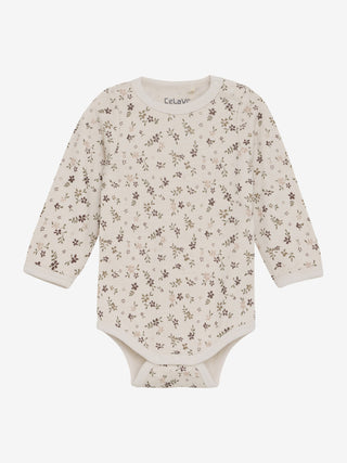 Merinowolle-Bambus Langarm Body Beige mit Blumenprint von CeLaVi