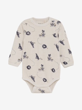 Merinowolle-Bambus Langarm Body Beige mit Fuchsprint von CeLaVi