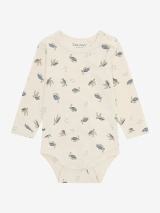 Bambus Langarm Body Beige mit Schildkrötenprint von CeLaVi