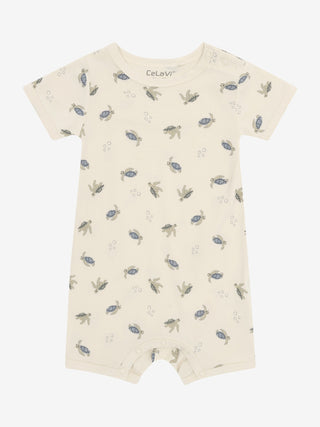 Bambus Kurzarm Romper Beige mit Schildkrötenprint von CeLaVi