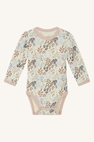 Merinowolle-Bambus Body Baloo Beige mit Himbeeren- Blumenprint von Hust & Claire