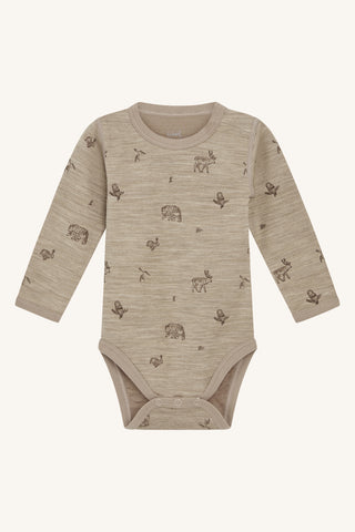 Merinowolle-Bambus Body Baloo Braun mit Waldtierprint von Hust & Claire