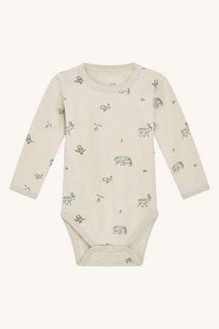 Merinowolle-Bambus Body Baloo Beige mit Waldtierprint von Hust & Claire