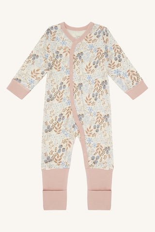 Merinowolle-Bambus Pyjama Manu Beige mit Himbeeren- Blumenprint von Hust & Claire