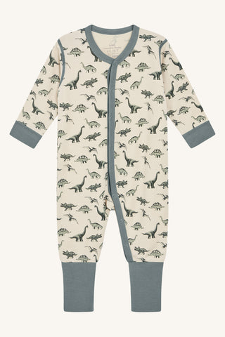 Merinowolle-Bambus Pyjama Manu Beige mit grünem Dinoprint von Hust & Claire