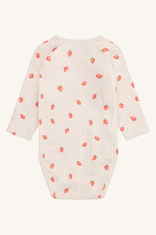 Baumwoll Wickelbody Bing Beige mit Erdbeerprint von Hust & Claire