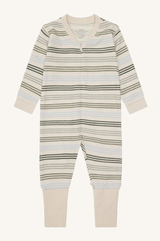 Merinowolle-Bambus Pyjama Manu Zip Stripes French Oak Beige von Hust & Claire