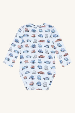 Bambus Langarm Body Buller Retro Cars Water Blue von Hust and Claire