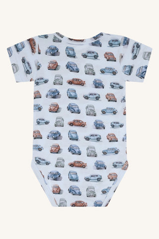 Bambus Kurzarm Body Buller Retro Cars Water Blue von Hust and Claire