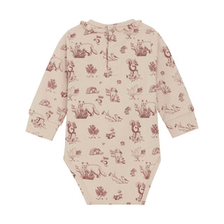 Baumwoll-Body Langarm Beige-Rosa mit Waldtierprint von Fixoni