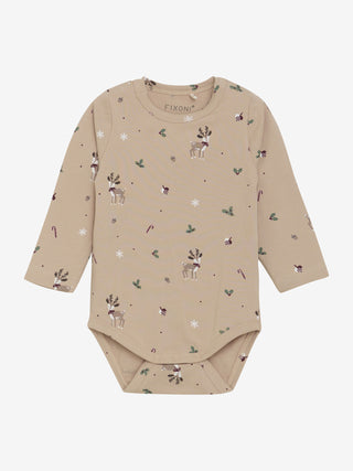 Langarm Body Moonlight Beige mit Weihnachtsprint von Fixoni