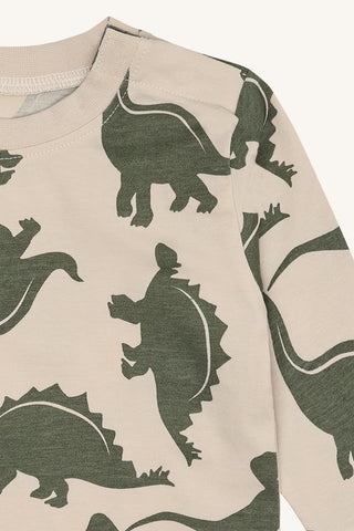 Langarm Shirt Anton Beige mit grünem Dinoprint von Hust & Claire