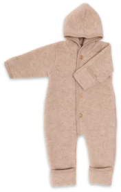 Merinowolle Baby-Kapuzenoverall mit Knöpfen Sand Meliert von Engel Natur