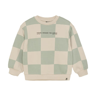 Sweater Türkis-Beige kariert mit Rückenprint von Daily7Kids