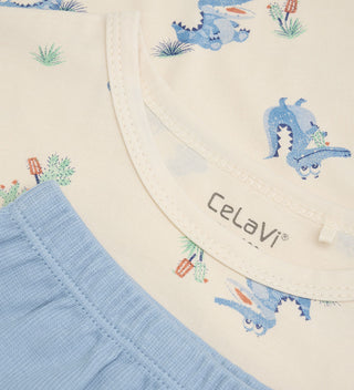 Bambus Kurzarm Pyjama Set Beige mit blauem Krokodilprint von CeLaVi