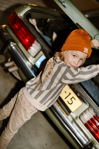 PULLOVER GRAU BEIGE GESTREIFT MIT RÜCKENPRINT VON DAILY7KIDS
