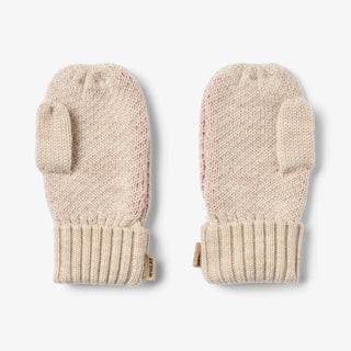 Merinowolle Daumenhandschuhe Offwithe mit Rosa Herz Wheat