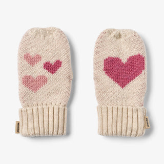 Merinowolle Daumenhandschuhe Offwithe mit Rosa Herz Wheat